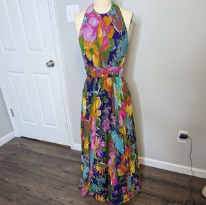 Saks Fifth Avenue Young Dimension 60s 70s Flower Power Halter Maxi Dress 6